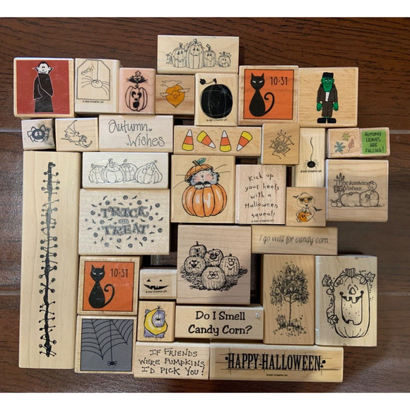 Lot of 34 HALLOWEEN Themed Wood block rubber stamps pumpkins spiders all unused